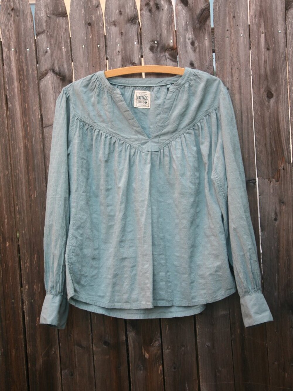Size 6 - FAT FACE Women's Aqua Blue Cotton Blend Long Sleeve Cottagecore Blouse